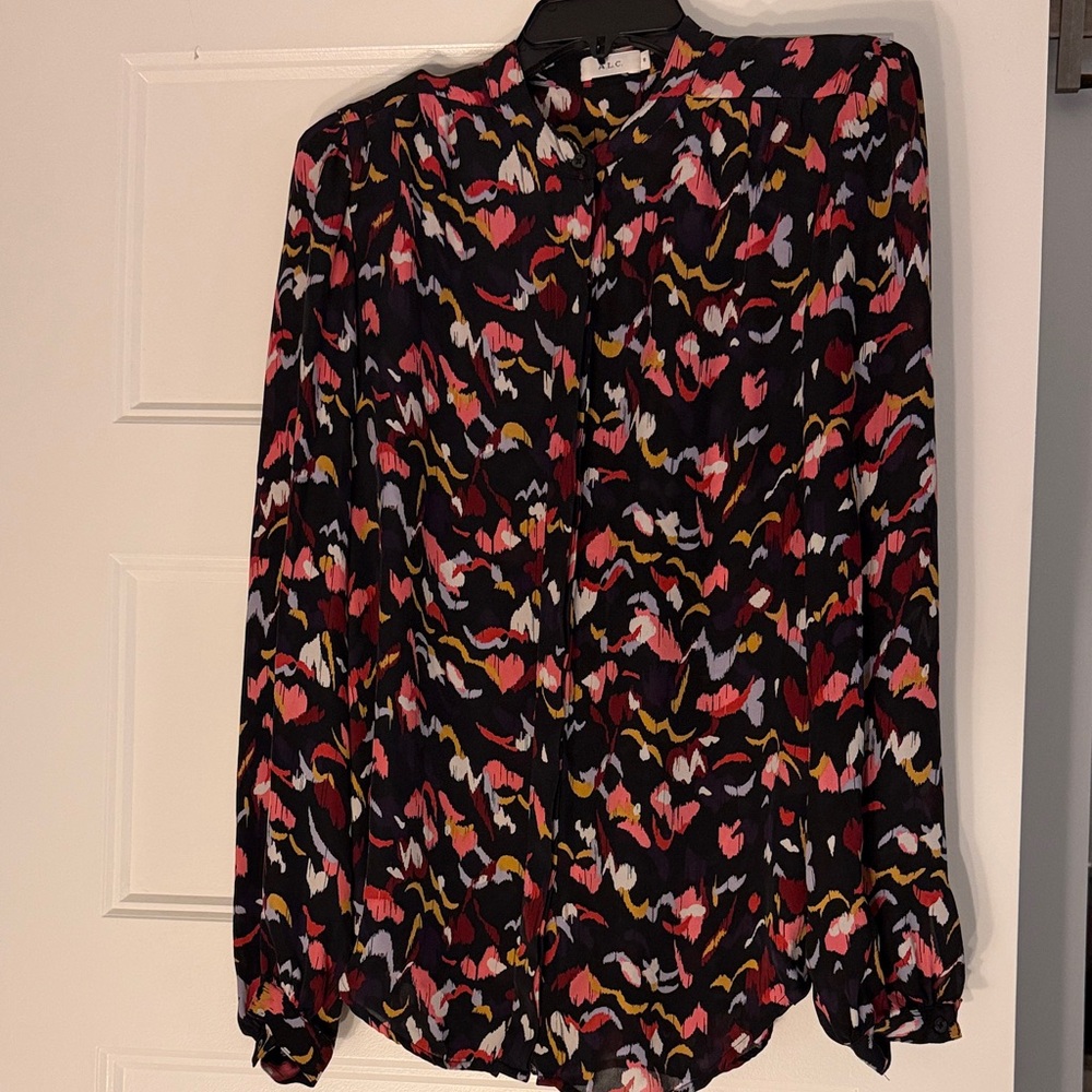 A.L.C. Black Floral-Pattern Long-Sleeve Blouse with Pink & Yellow Accents